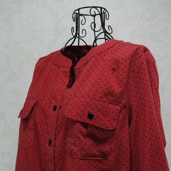 ELEMENTZ Red Orange Polka Dot Adjustable Sleeve Button Up Blouse Shirt - Picture 16 of 17